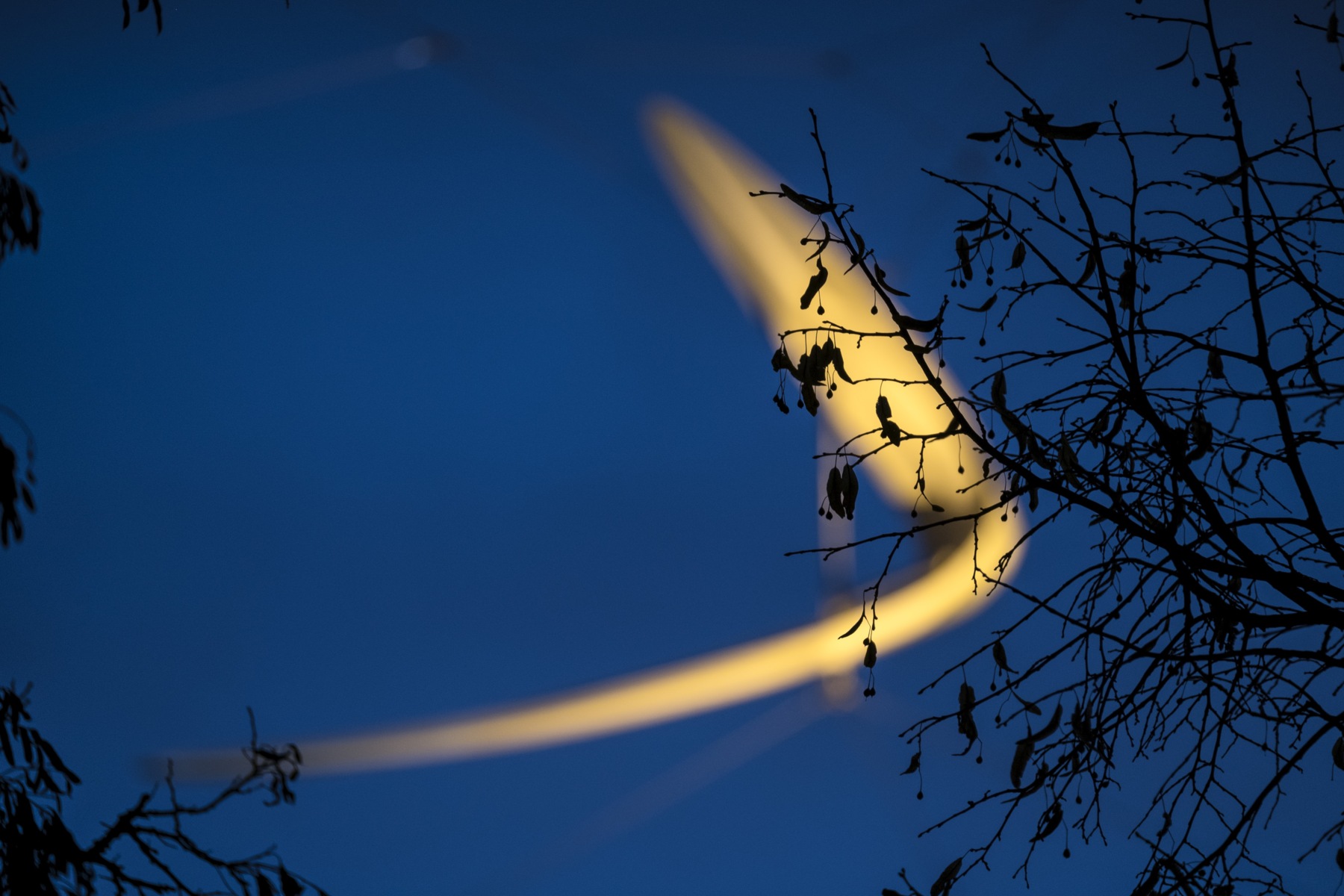 Blurred close-up of the sculpture "Healing the Earth" illuminated against the night sky on LTH's Lund campus. Photo